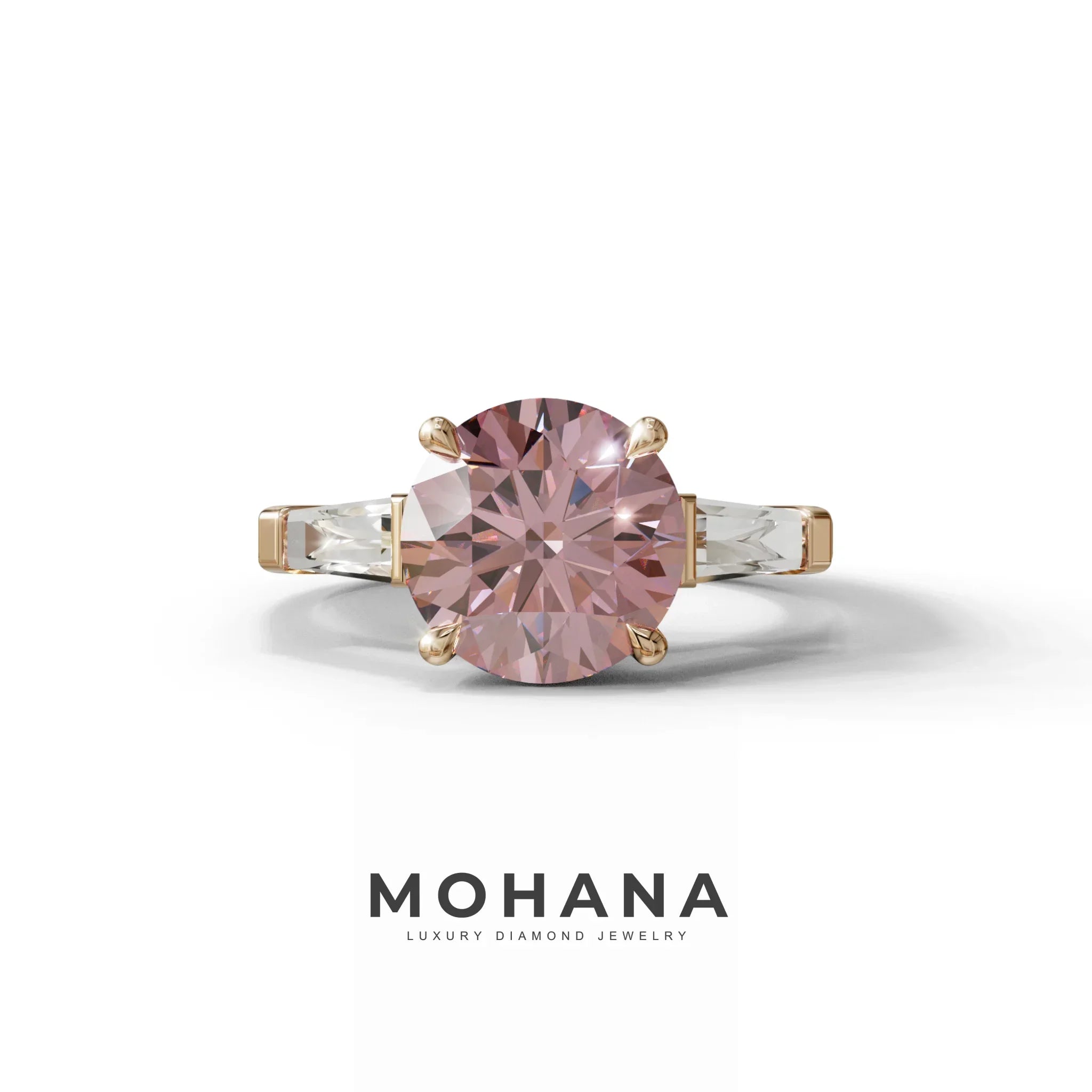 3 Carat Pink Round & Tapered Cut Multi Stone Lab Diamond Ring - Reflection - 10K Solid Gold / Rose Gold