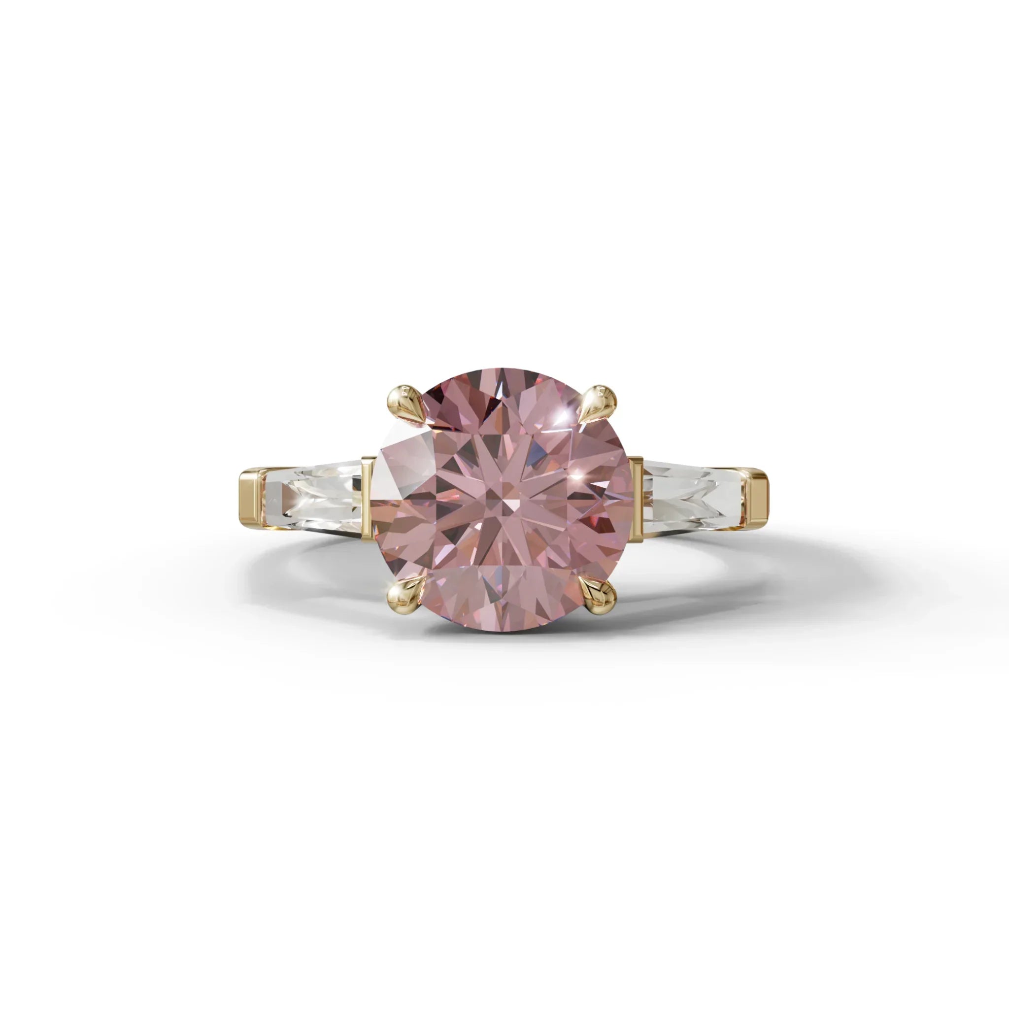 3 Carat Pink Round & Tapered Cut Multi Stone Lab Diamond Ring - Reflection - 10K Solid Gold / Yellow Gold