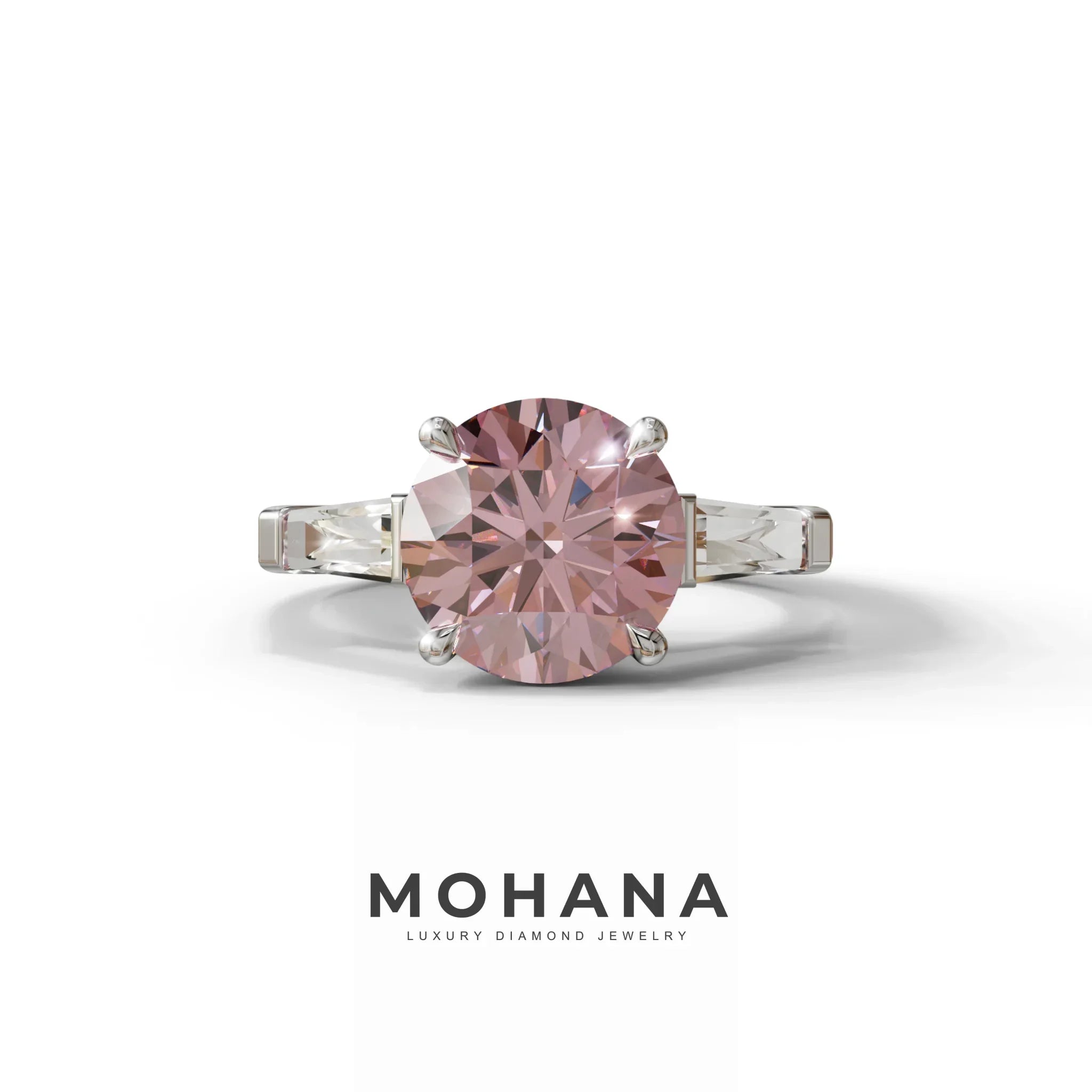 3 Carat Pink Round & Tapered Cut Multi Stone Lab Diamond Ring - Reflection - 10K Solid Gold / White Gold