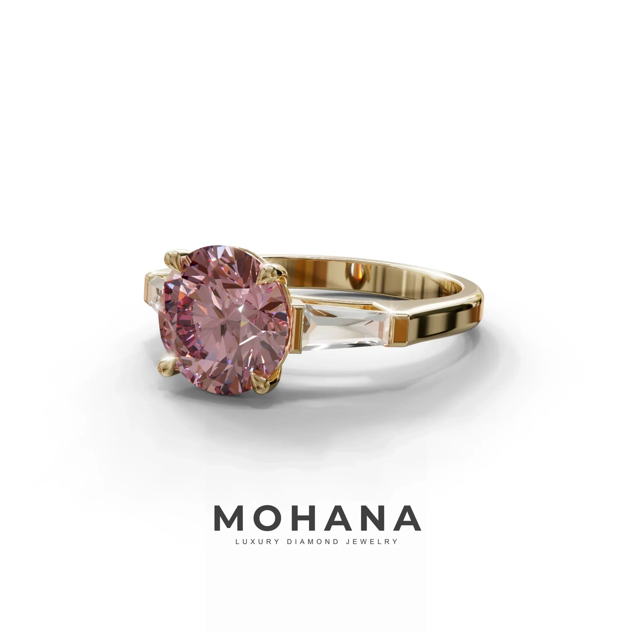 3 Carat Pink Round & Tapered Cut Multi Stone Lab Diamond Ring - Reflection