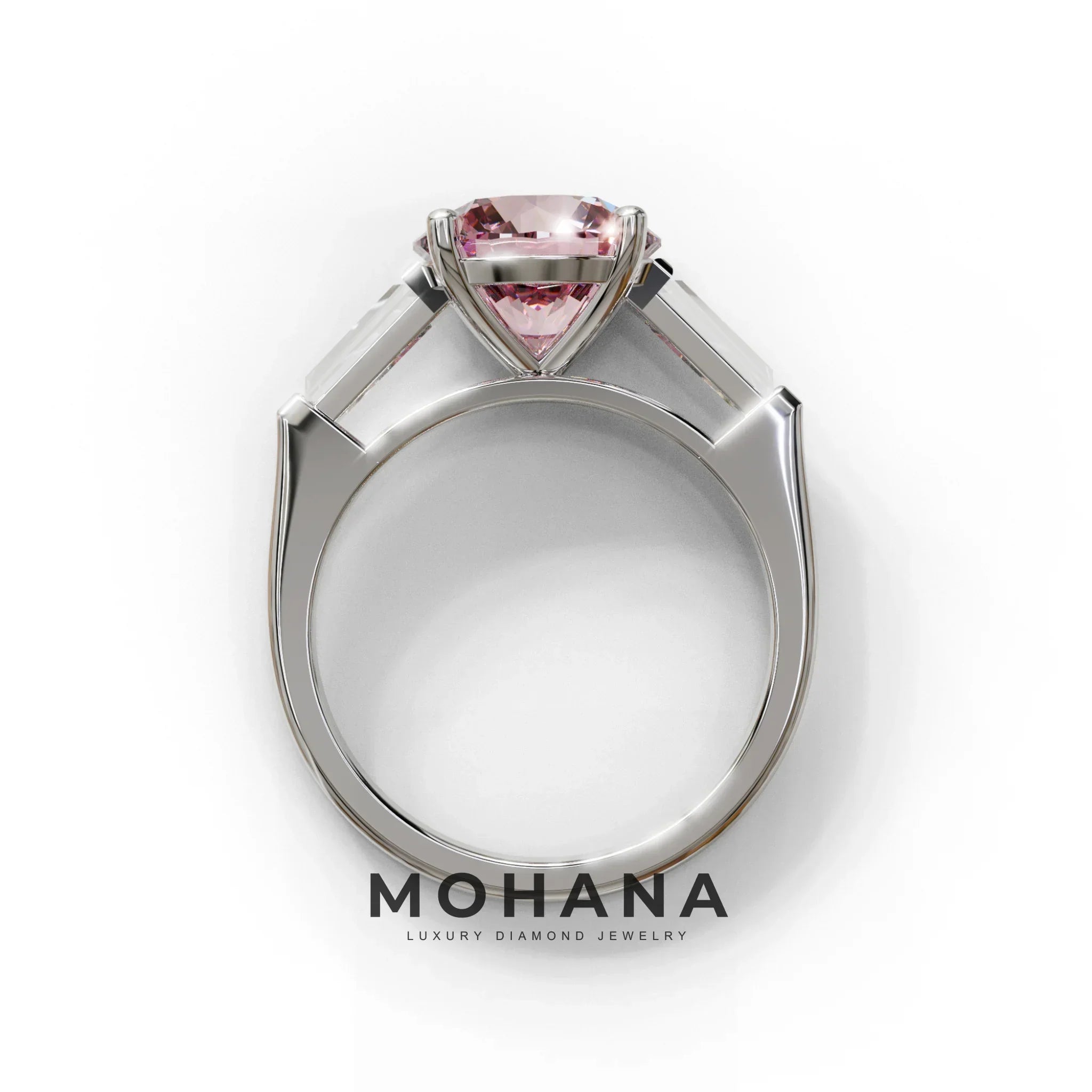 3 Carat Pink Round & Tapered Cut Multi Stone Lab Diamond Ring - Reflection
