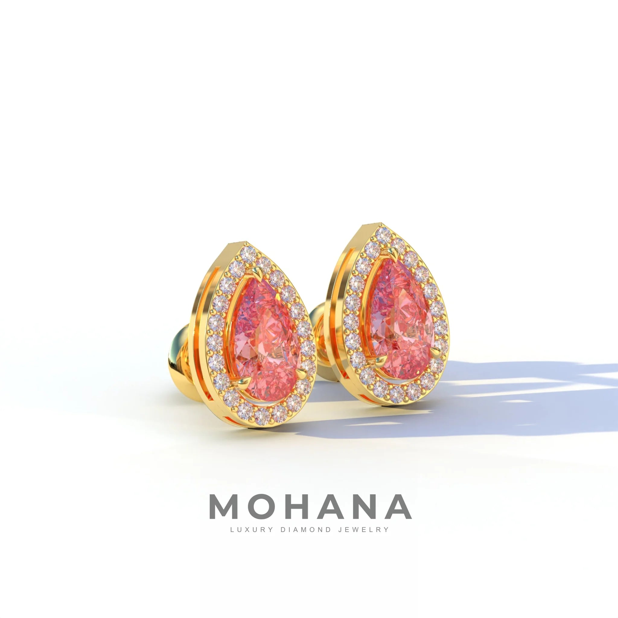 3 Carat Pink Pear Cut Lab Diamond Stud Earrings | Halo Setting - Kelly