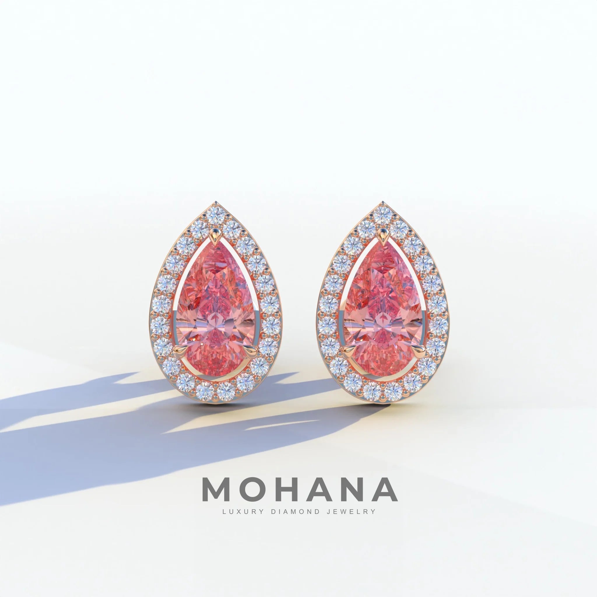 3 Carat Pink Pear Cut Lab Diamond Stud Earrings | Halo Setting - Kelly - 10K Solid Gold / Rose Gold