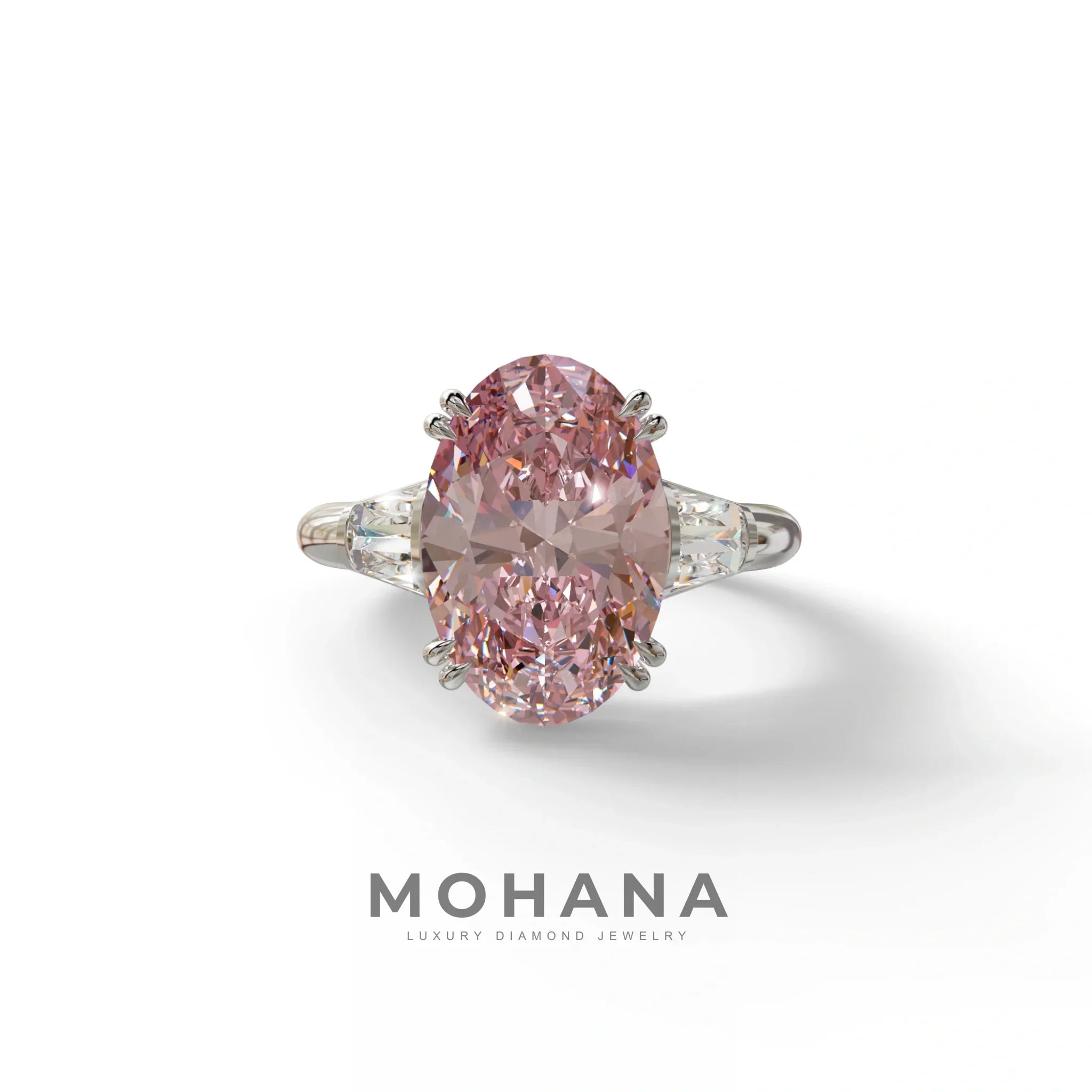 3 Carat Pink Oval & Baguette Lab Diamond Ring - Persi - 10K Solid Gold / White Gold