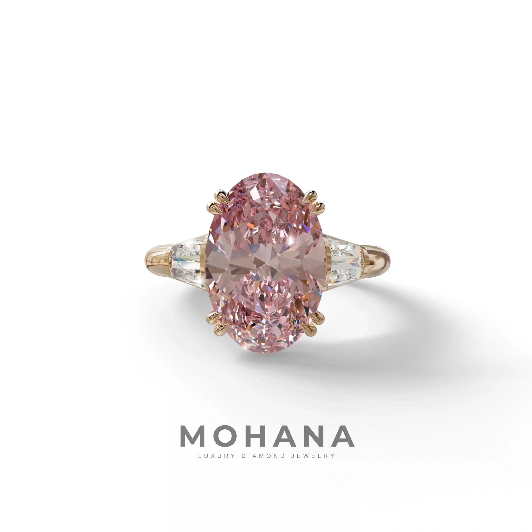 3 Carat Pink Oval & Baguette Lab Diamond Ring - Persi - 10K Solid Gold / Rose Gold