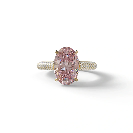 3 Carat Pink Oval Cut Hidden Halo & Pave Set Lab Diamond Engagement Ring - Viviana - 10K Solid Gold / Yellow Gold