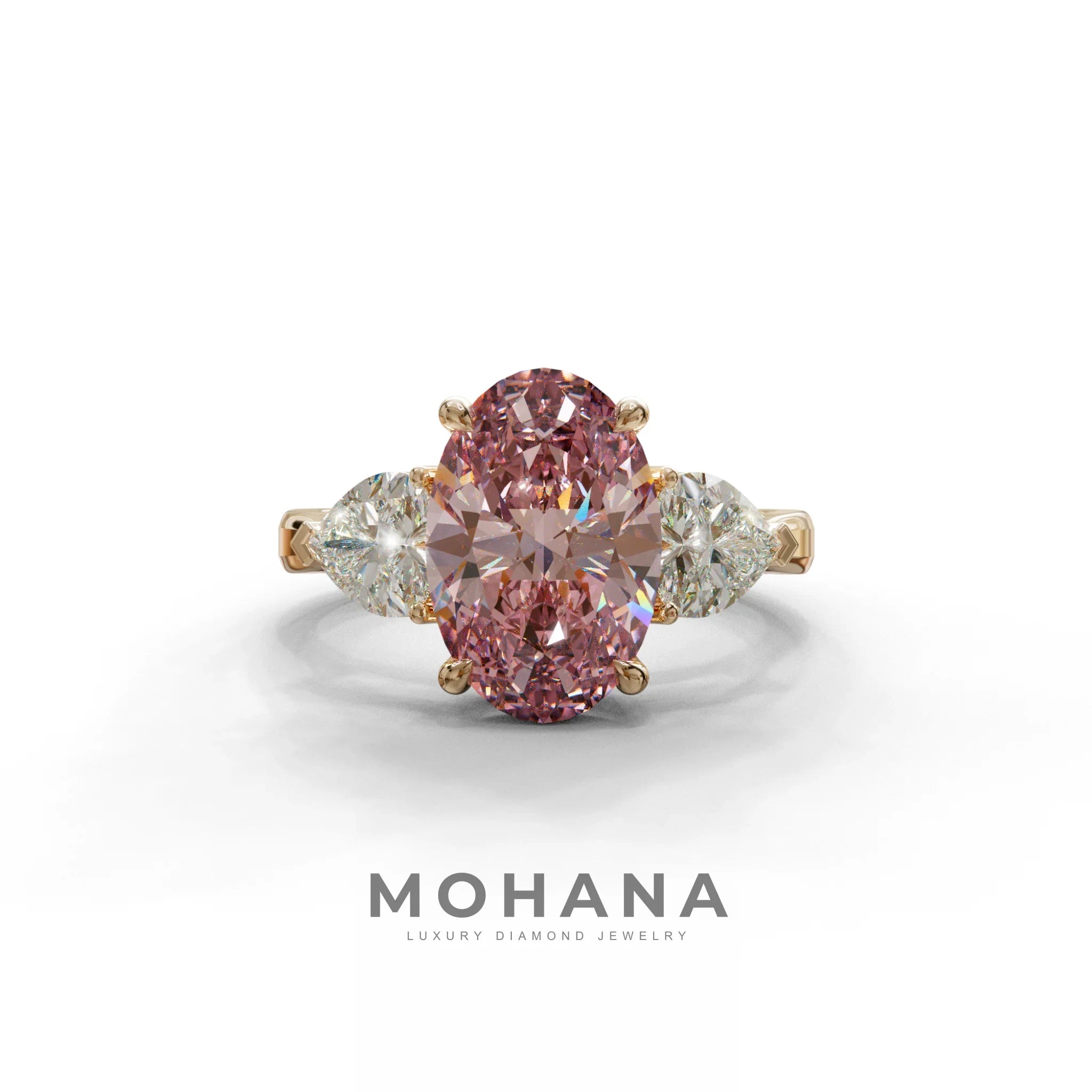 4 Ct Pink Oval & Heart Shape 3 Stone Engagement Diamond Ring - Lucid - 10K Solid Gold / Rose Gold