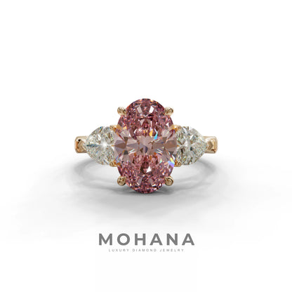 4 Ct Pink Oval & Heart Shape 3 Stone Engagement Diamond Ring - Lucid - 10K Solid Gold / Rose Gold