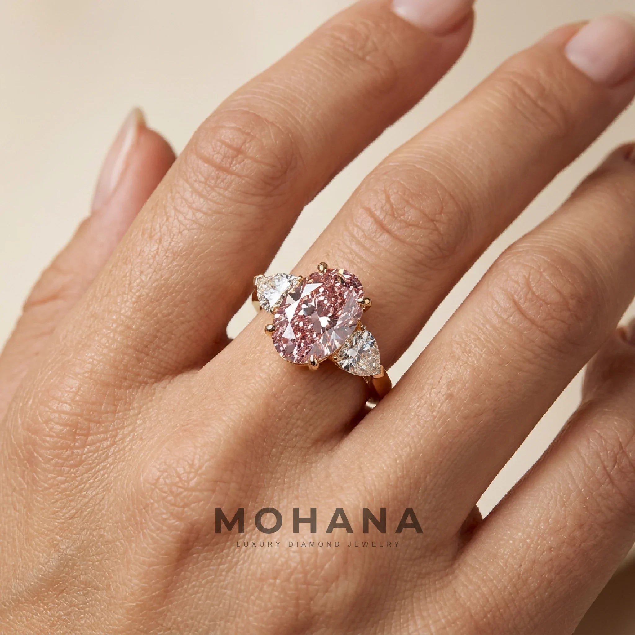 3 Carat Pink Oval Lab Grown Diamond Engagement Ring Three Stone Heart Cut