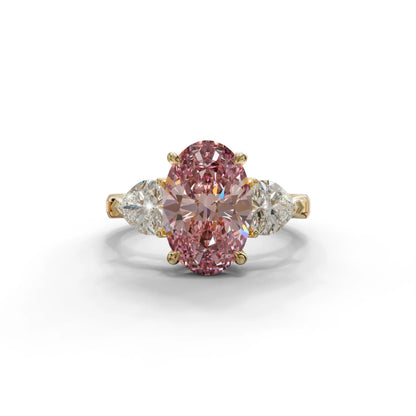 4 Ct Pink Oval & Heart Shape 3 Stone Engagement Diamond Ring - Lucid - 10K Solid Gold / Yellow Gold
