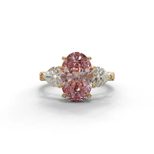 4 Ct Pink Oval & Heart Shape 3 Stone Engagement Diamond Ring - Lucid - 10K Solid Gold / Yellow Gold