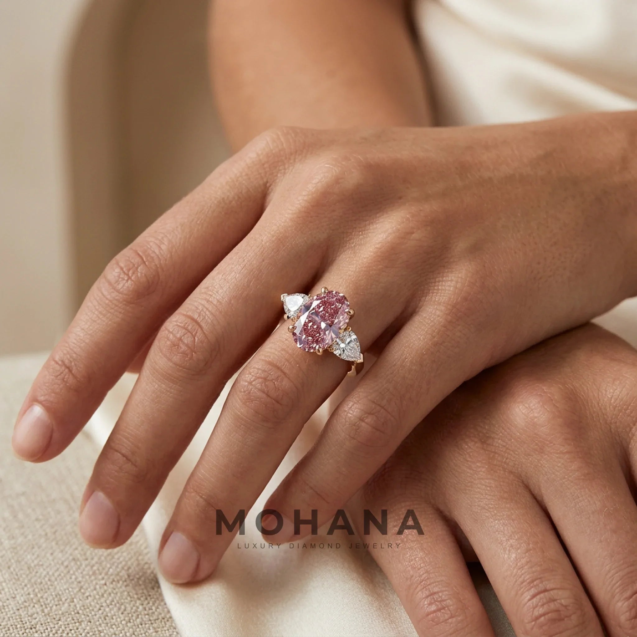 3 Carat Pink Oval Lab Grown Diamond Engagement Ring Three Stone Heart Cut