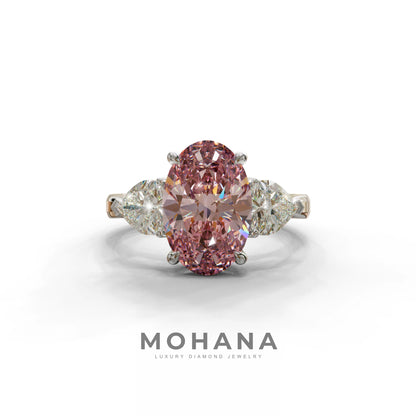 4 Ct Pink Oval & Heart Shape 3 Stone Engagement Diamond Ring - Lucid - 10K Solid Gold / White Gold