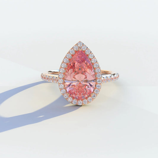 3 Carat Pink Pear Cut Halo & Pave Setting Lab Grown Diamond Ring - Madona - 10K Solid Gold / Rose Gold
