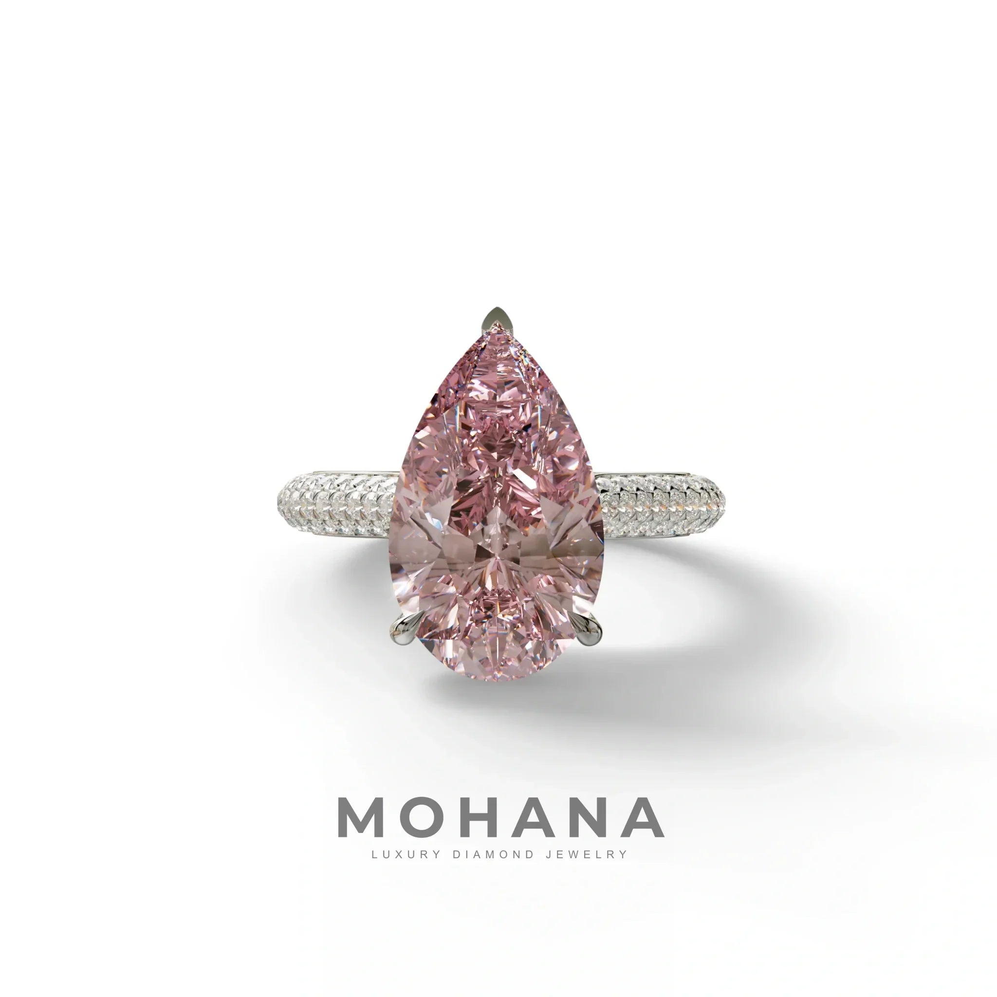 3 Carat Pink Pear Shaped Hidden Halo Lab Diamond Engagement Ring - Alina - 10K Solid Gold / White Gold