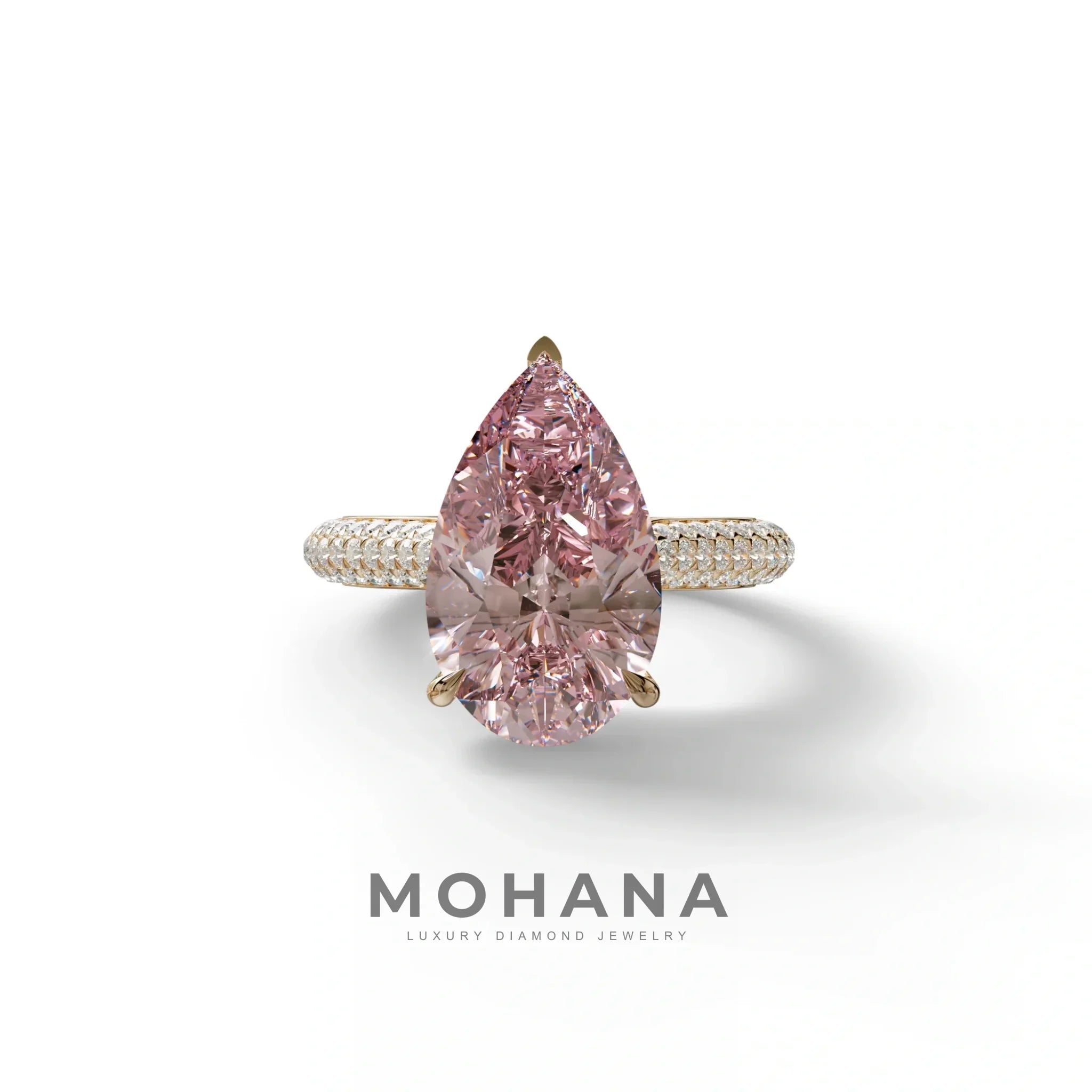 3 Carat Pink Pear Shaped Hidden Halo Lab Diamond Engagement Ring - Alina - 10K Solid Gold / Rose Gold