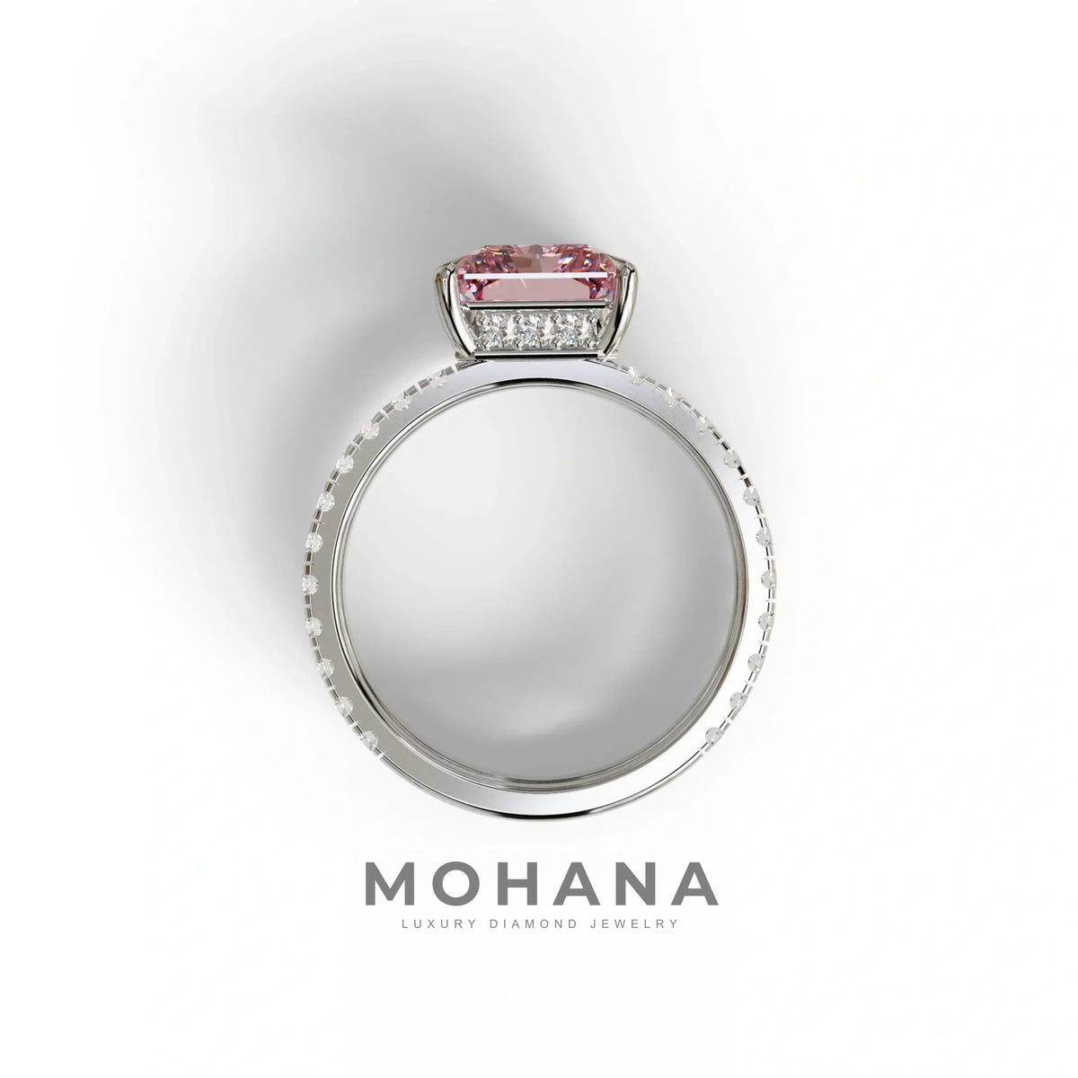3 Carat Pink Radiant Cut Double Band Hidden Halo Lab Diamond Engagement Ring - Billie