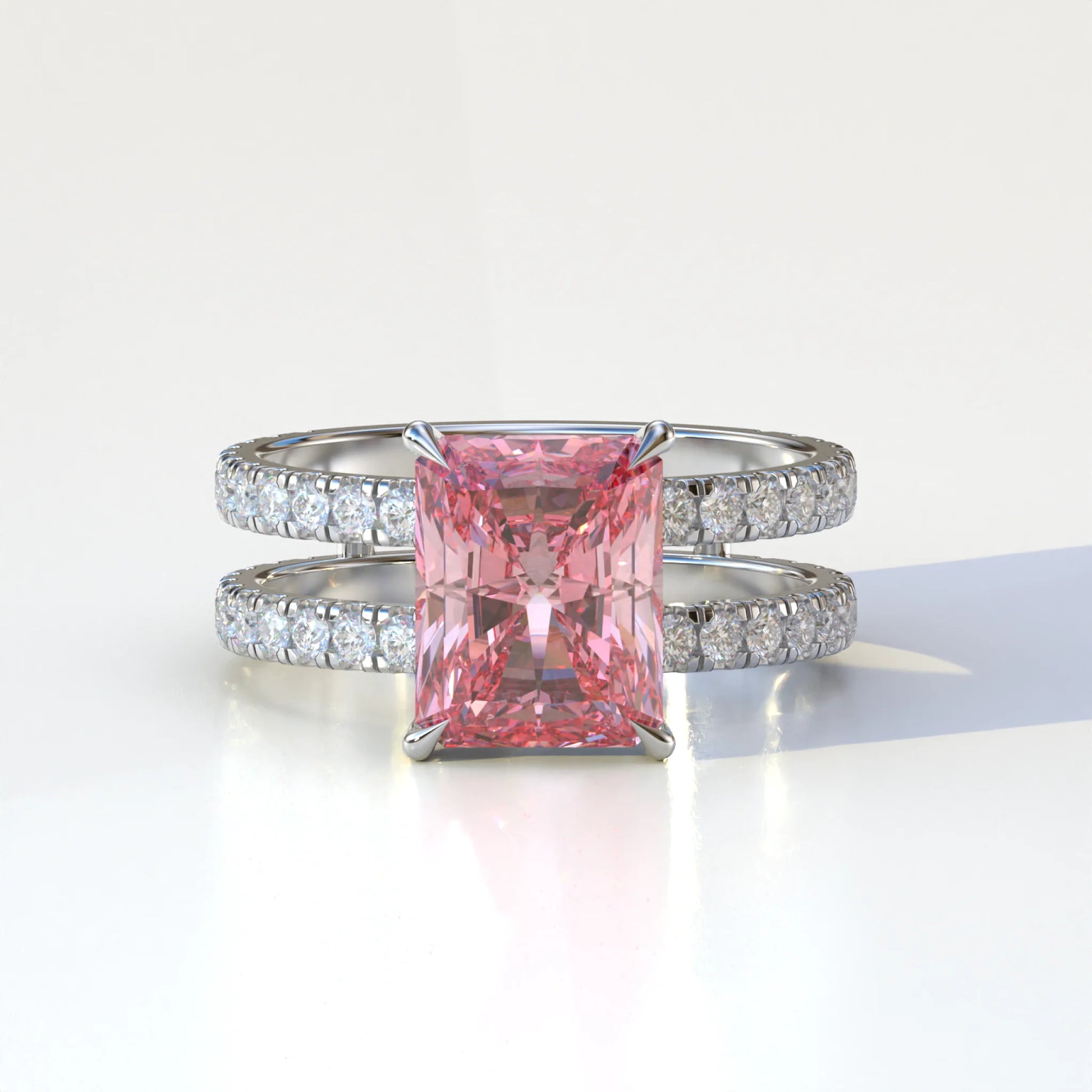 3 Carat Pink Radiant Cut Double Band Hidden Halo Lab Diamond Engagement Ring - Billie - 10K Solid Gold / White Gold