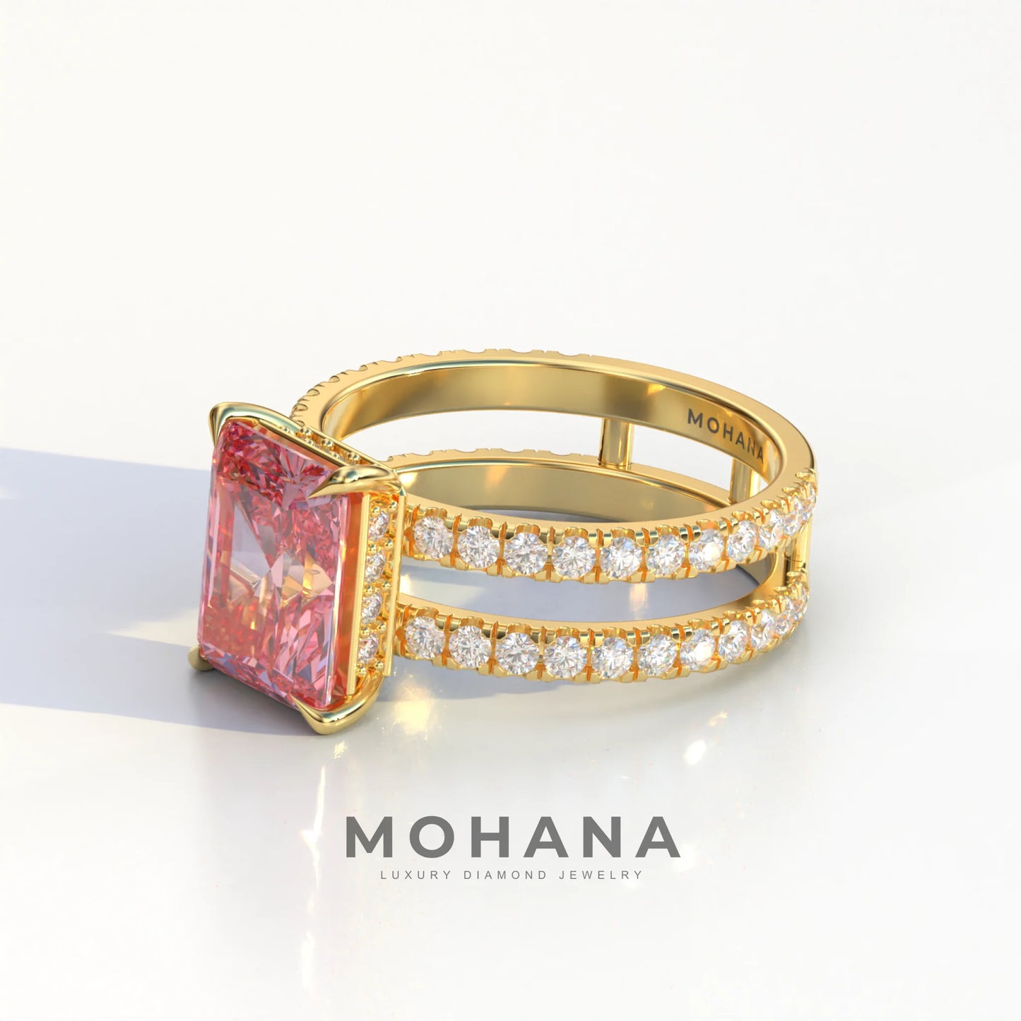 3 Carat Pink Radiant Cut Double Band Hidden Halo Lab Diamond Engagement Ring - Billie