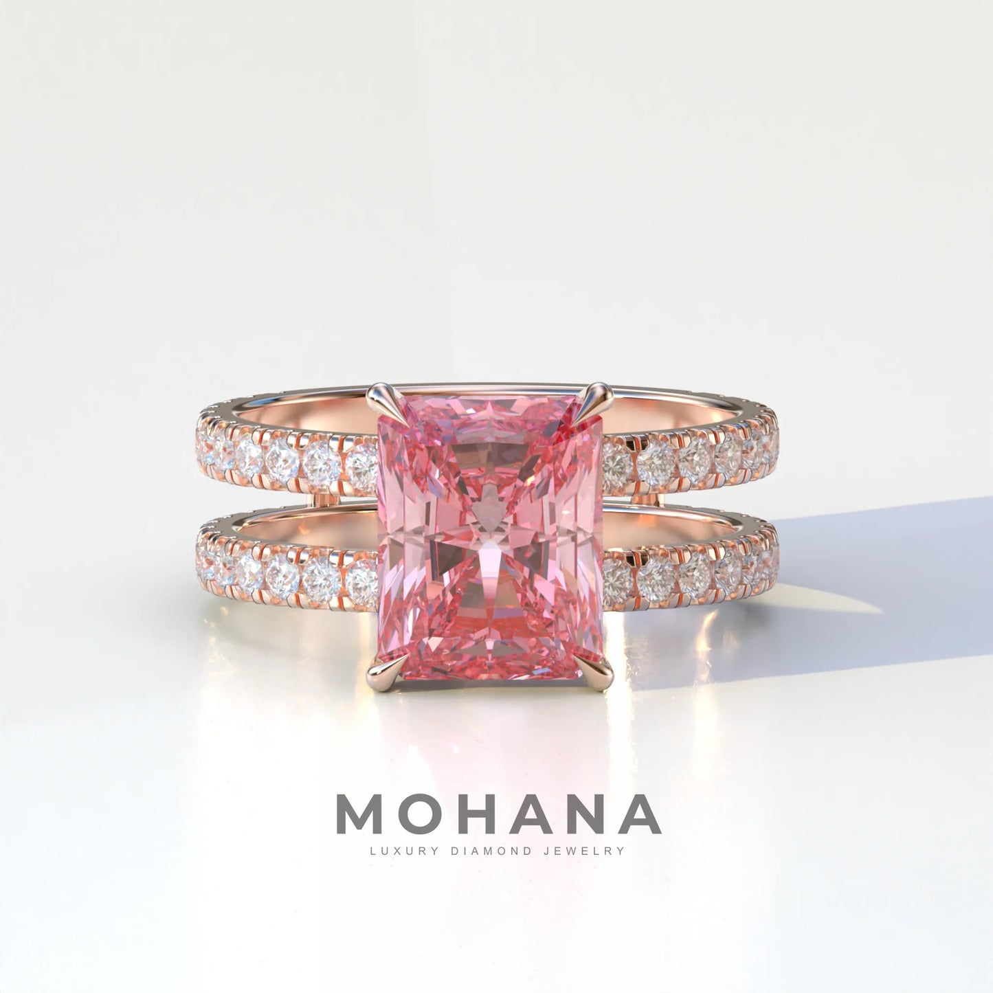3 Carat Pink Radiant Cut Double Band Hidden Halo Lab Diamond Engagement Ring - Billie - 10K Solid Gold / Rose Gold