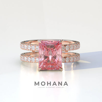 3 Carat Pink Radiant Cut Double Band Hidden Halo Lab Diamond Engagement Ring - Billie - 10K Solid Gold / Rose Gold