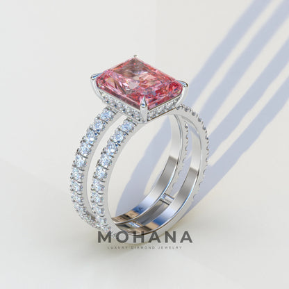 3 Carat Pink Radiant Cut Double Band Hidden Halo Lab Diamond Engagement Ring - Billie