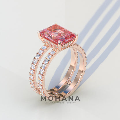 3 Carat Pink Radiant Cut Double Band Hidden Halo Lab Diamond Engagement Ring - Billie