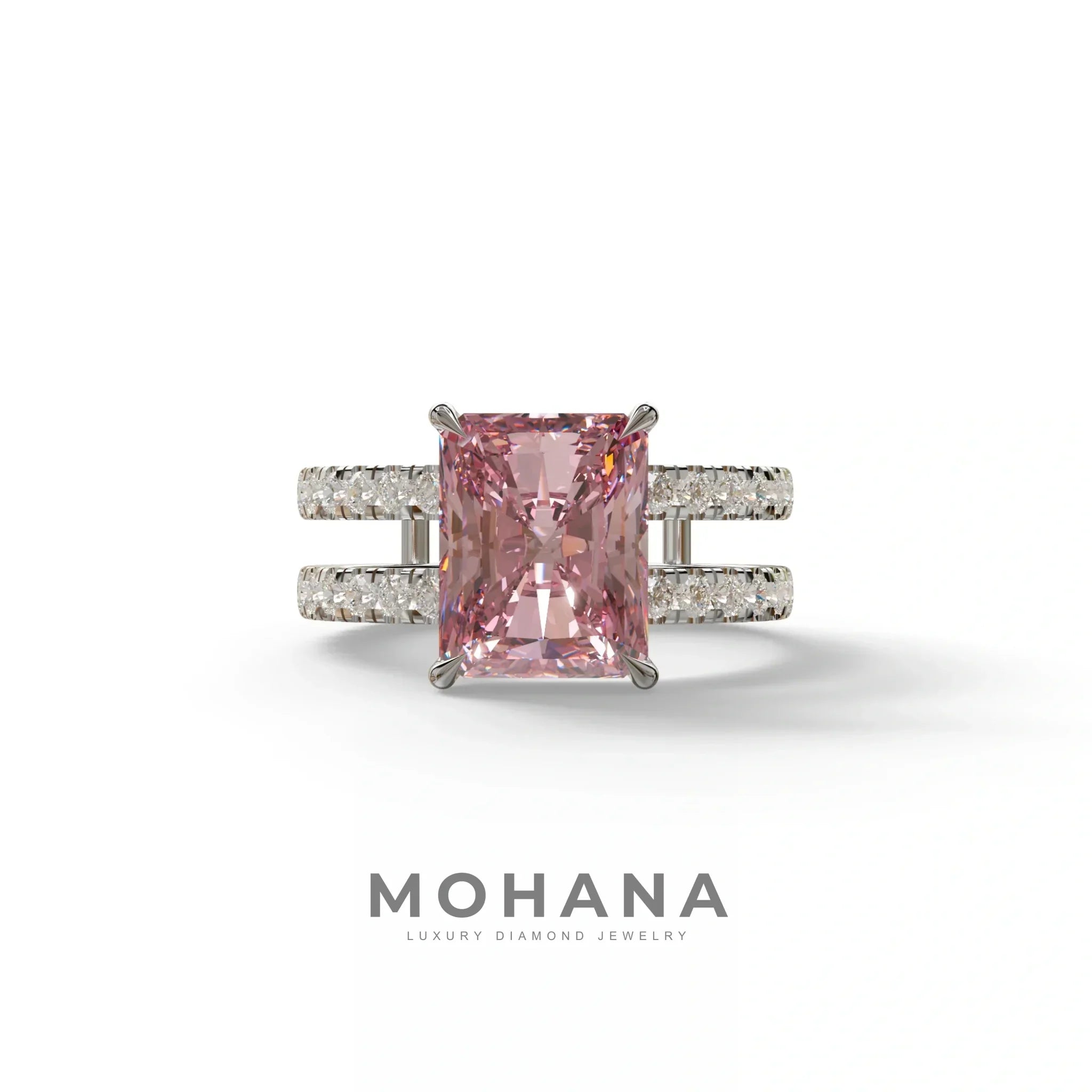 3 Carat Pink Radiant Cut Double Band Hidden Halo Lab Diamond Engagement Ring - Billie - 10K Solid Gold / White Gold