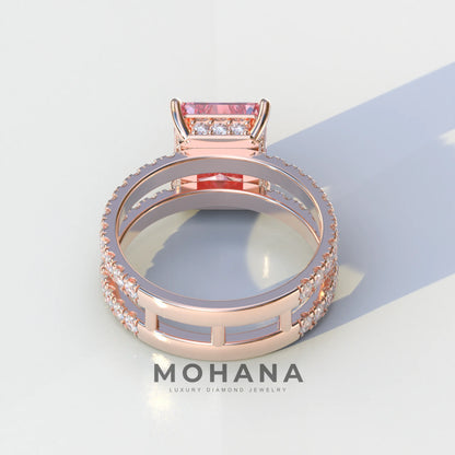 3 Carat Pink Radiant Cut Double Band Hidden Halo Lab Diamond Engagement Ring - Billie
