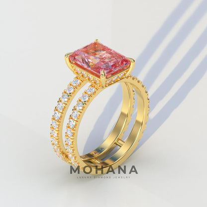 3 Carat Pink Radiant Cut Double Band Hidden Halo Lab Diamond Engagement Ring - Billie