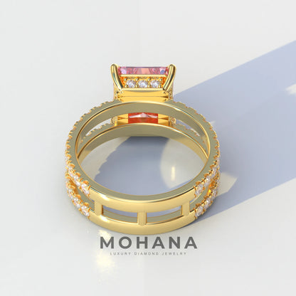 3 Carat Pink Radiant Cut Double Band Hidden Halo Lab Diamond Engagement Ring - Billie