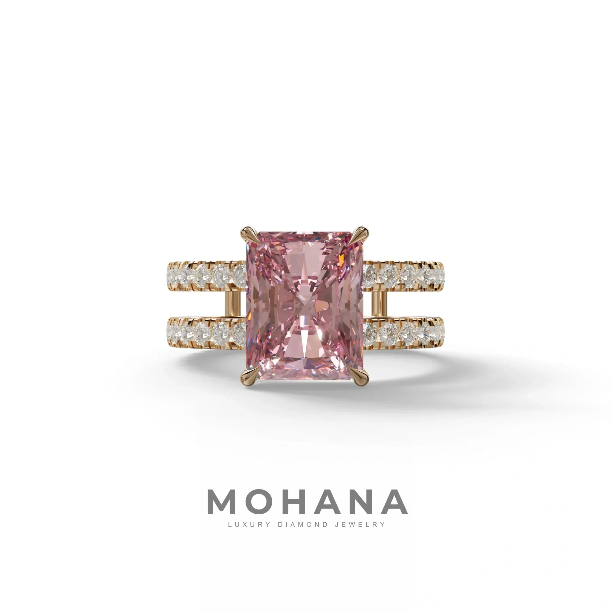 3 Carat Pink Radiant Cut Double Band Hidden Halo Lab Diamond Engagement Ring - Billie - 10K Solid Gold / Rose Gold