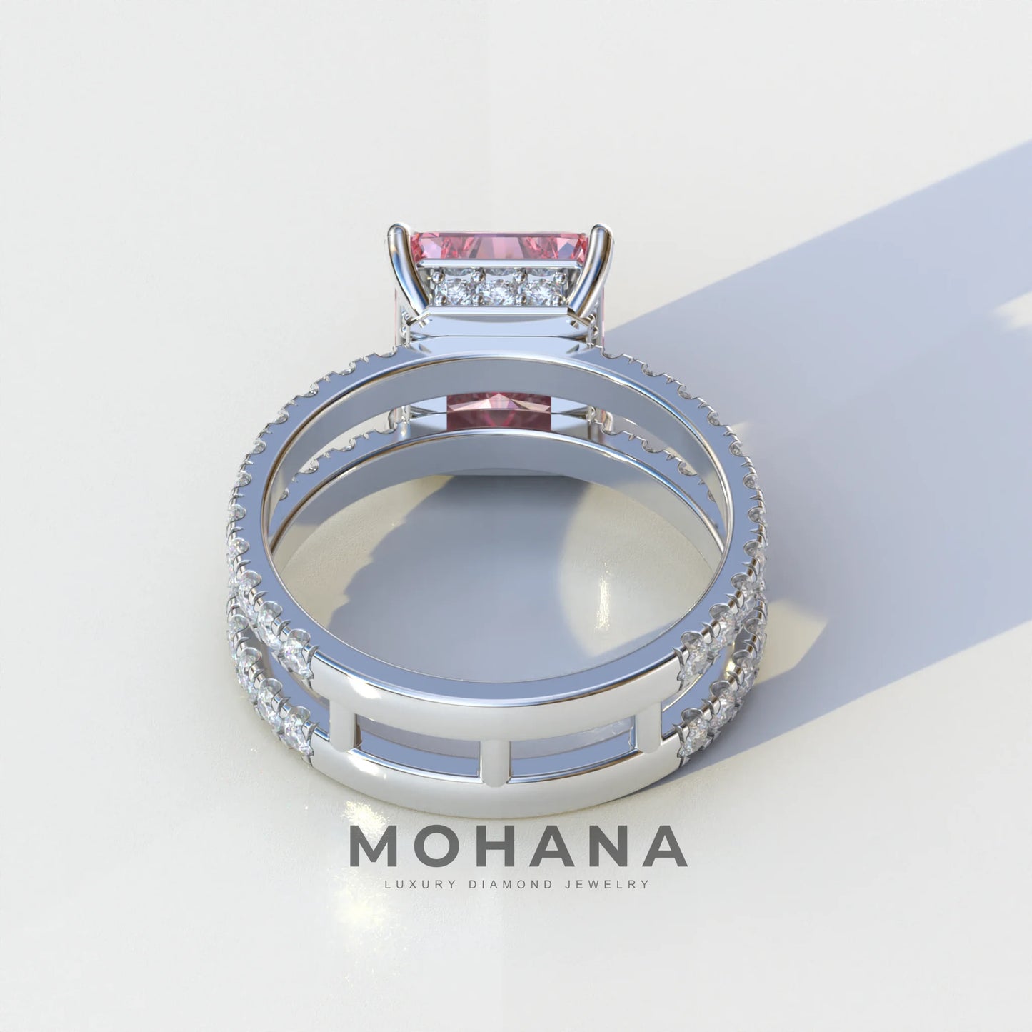3 Carat Pink Radiant Cut Double Band Hidden Halo Lab Diamond Engagement Ring - Billie