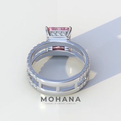 3 Carat Pink Radiant Cut Double Band Hidden Halo Lab Diamond Engagement Ring - Billie