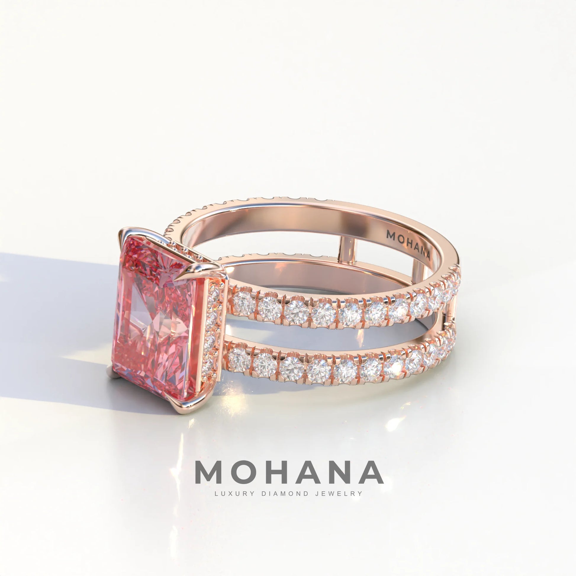 3 Carat Pink Radiant Cut Double Band Hidden Halo Lab Diamond Engagement Ring - Billie