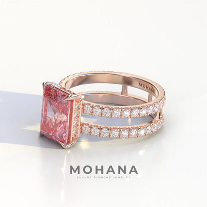 3 Carat Pink Radiant Cut Double Band Hidden Halo Lab Diamond Engagement Ring - Billie