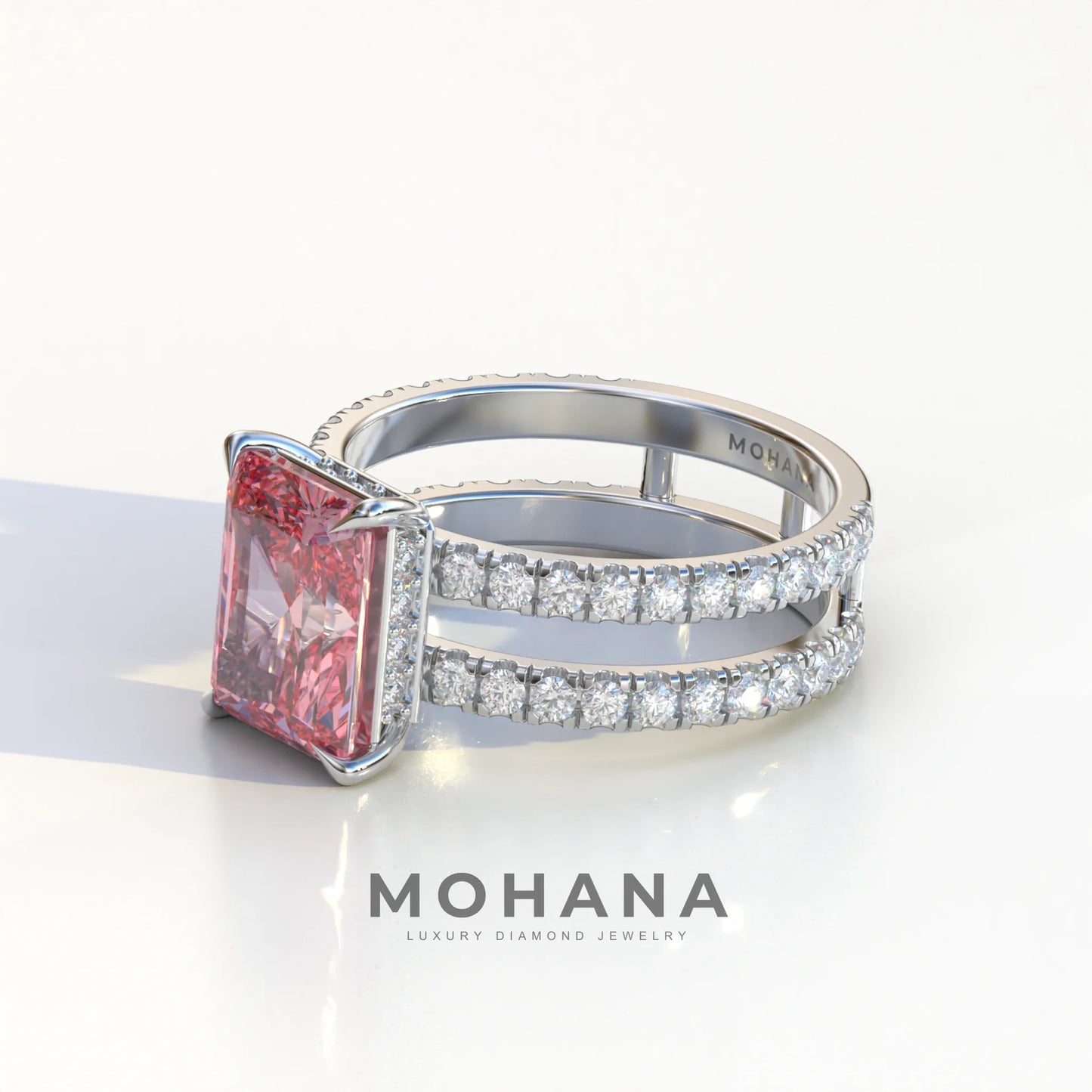 3 Carat Pink Radiant Cut Double Band Hidden Halo Lab Diamond Engagement Ring - Billie