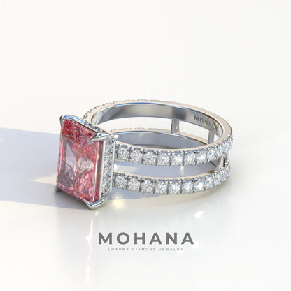3 Carat Pink Radiant Cut Double Band Hidden Halo Lab Diamond Engagement Ring - Billie