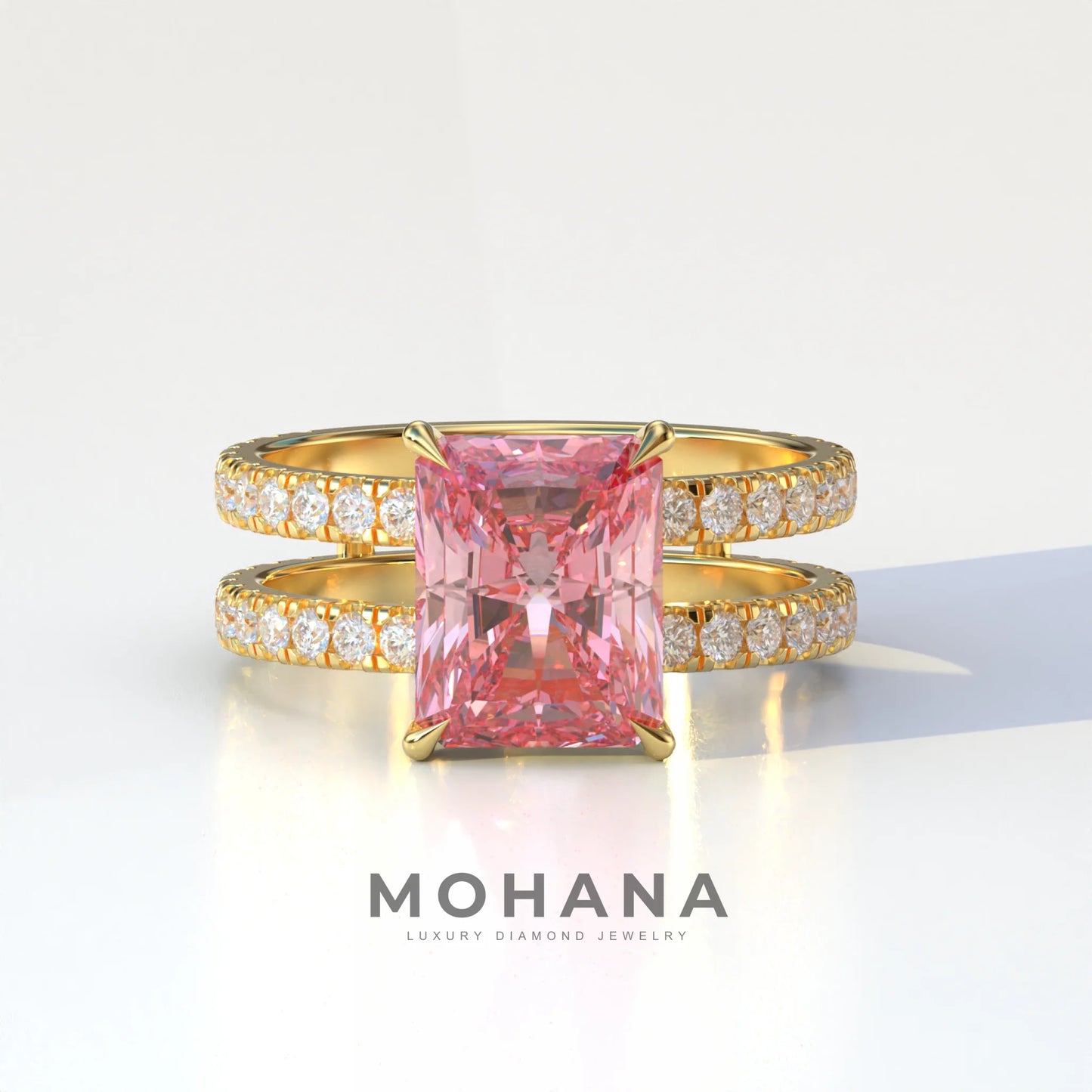 3 Carat Pink Radiant Cut Double Band Hidden Halo Lab Diamond Engagement Ring - Billie - 10K Solid Gold / Yellow Gold