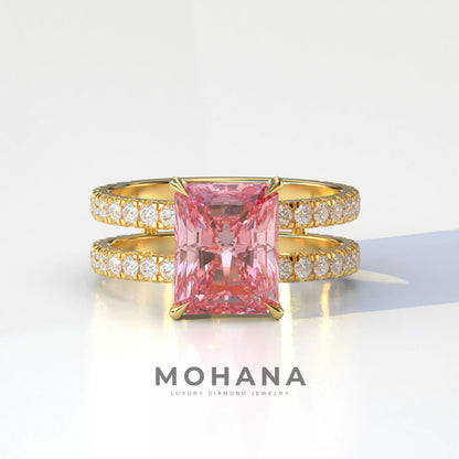3 Carat Pink Radiant Cut Double Band Hidden Halo Lab Diamond Engagement Ring - Billie - 10K Solid Gold / Yellow Gold