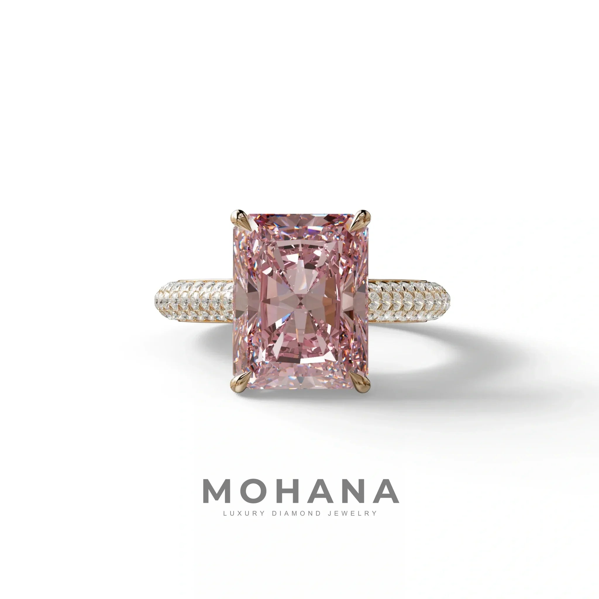 3 Carat Pink Radiant Cut Hidden Halo & Pave Set Lab Diamond Ring - Riviera - 10K Solid Gold / Rose Gold