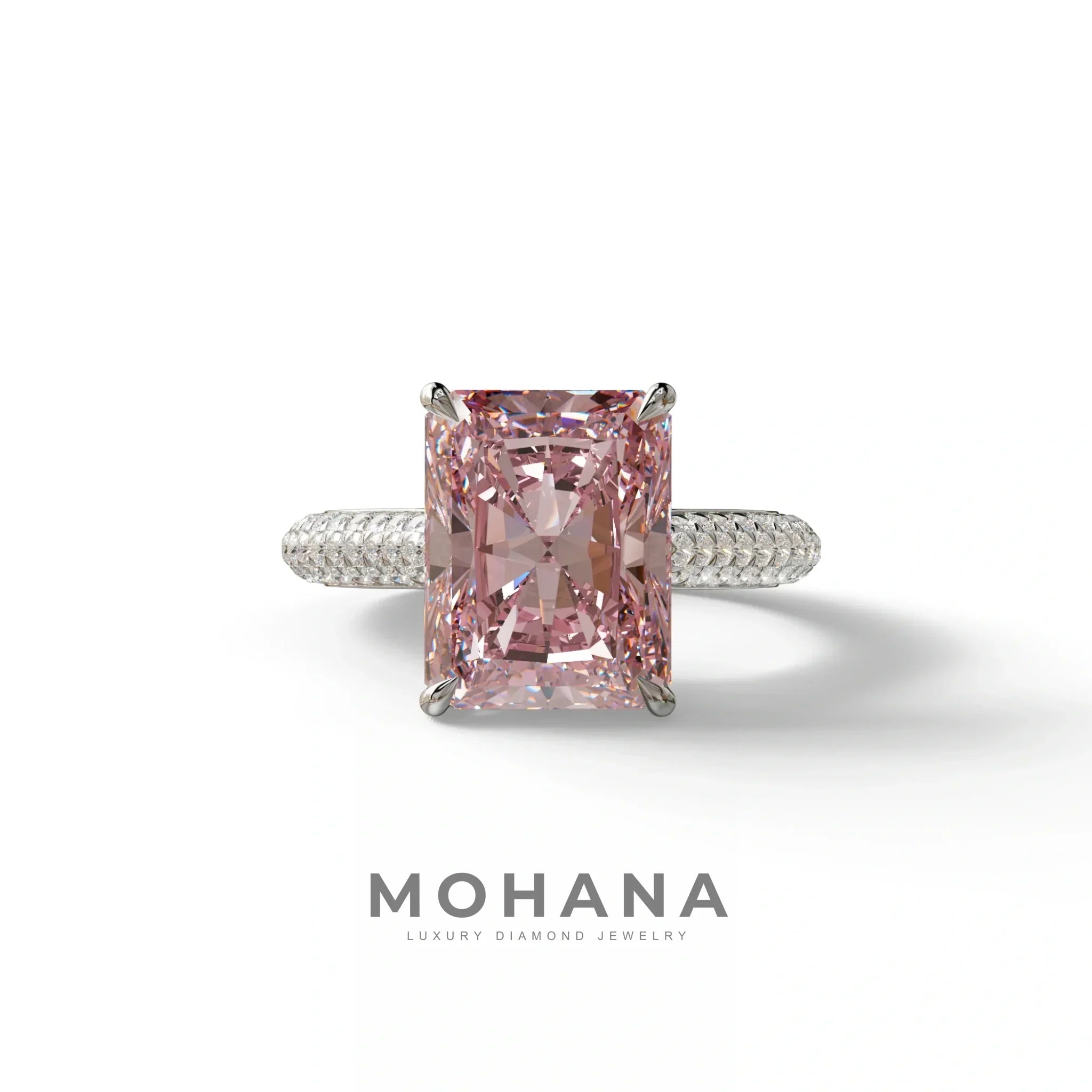 3 Carat Pink Radiant Cut Hidden Halo & Pave Set Lab Diamond Ring - Riviera - 10K Solid Gold / White Gold