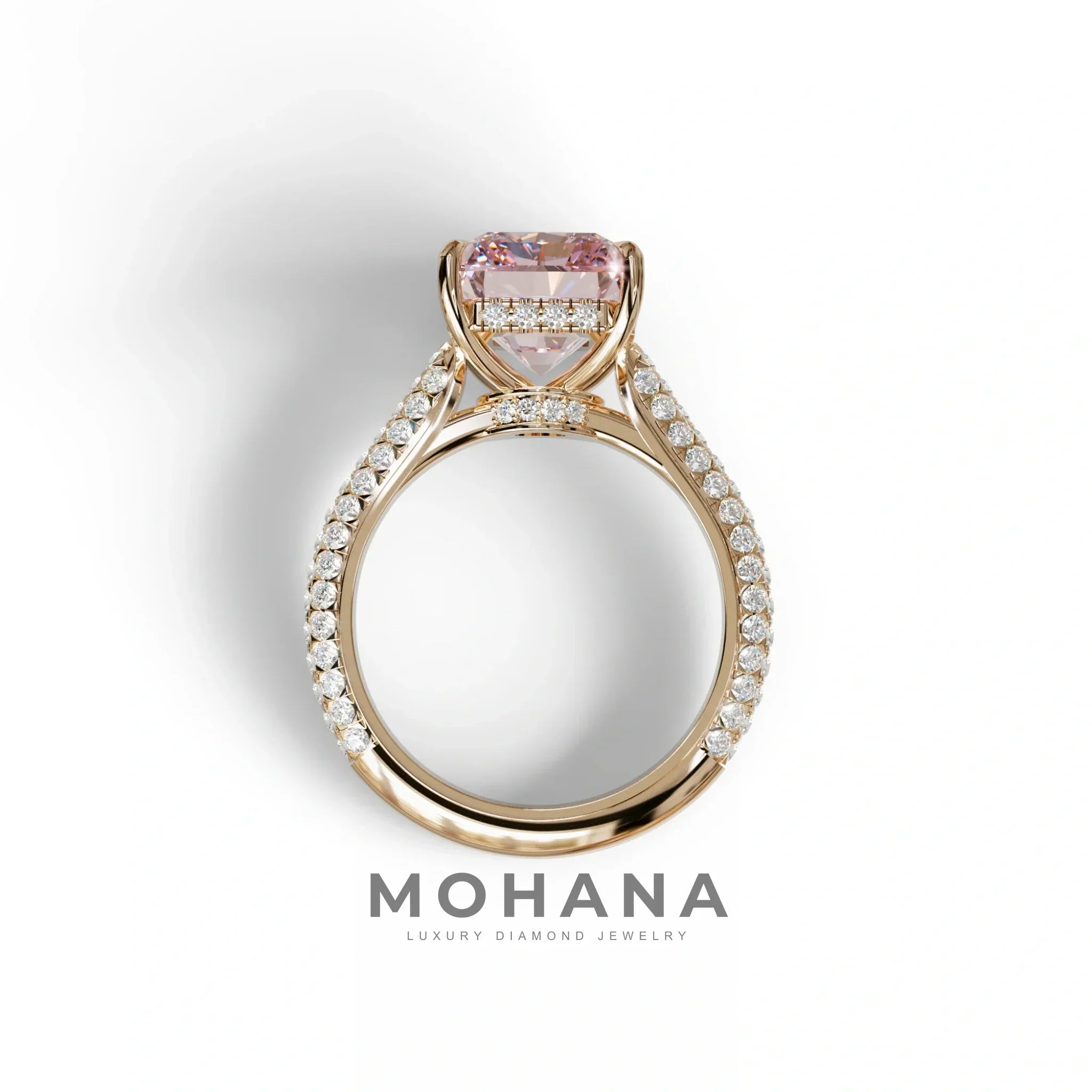 3 Carat Pink Radiant Cut Hidden Halo & Pave Set Lab Diamond Ring - Riviera