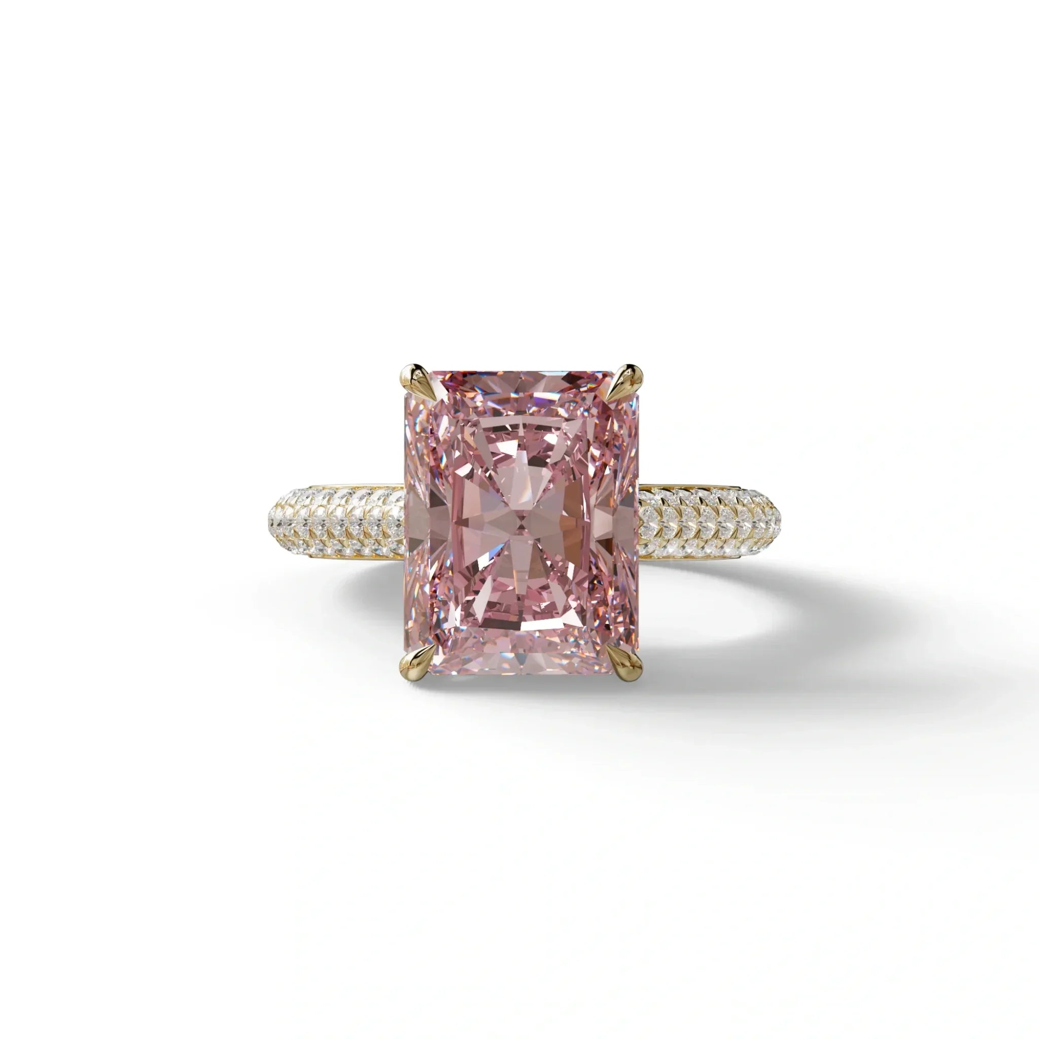 3 Carat Pink Radiant Cut Hidden Halo & Pave Set Lab Diamond Ring - Riviera - 10K Solid Gold / Yellow Gold