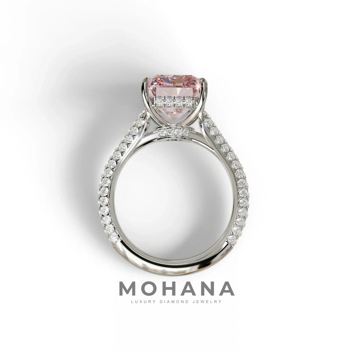 3 Carat Pink Radiant Cut Hidden Halo & Pave Set Lab Diamond Ring - Riviera