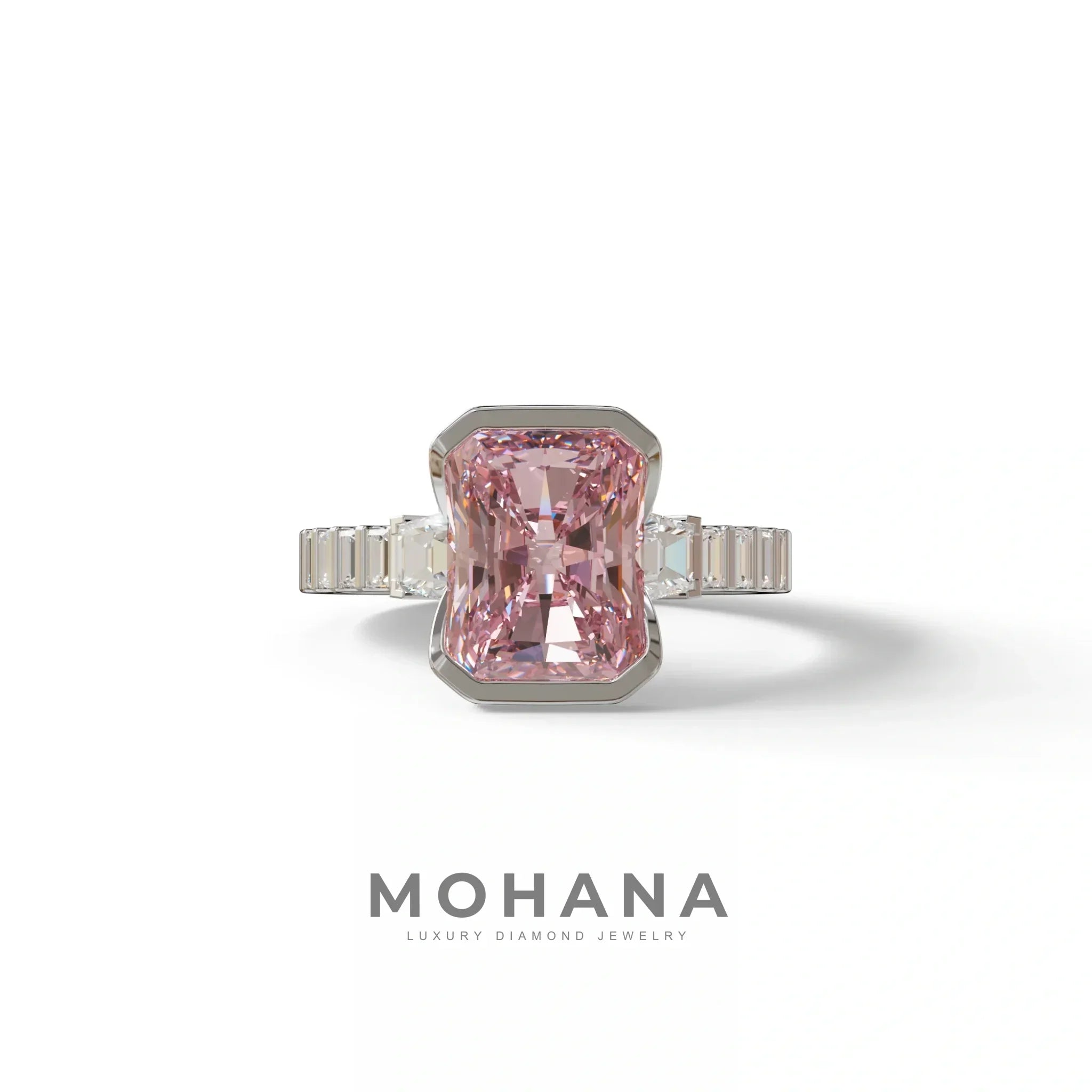 3 Carat Pink Radiant Cut Three Stone Lab Diamond Engagement Ring - Adiamor - 10K Solid Gold / White Gold