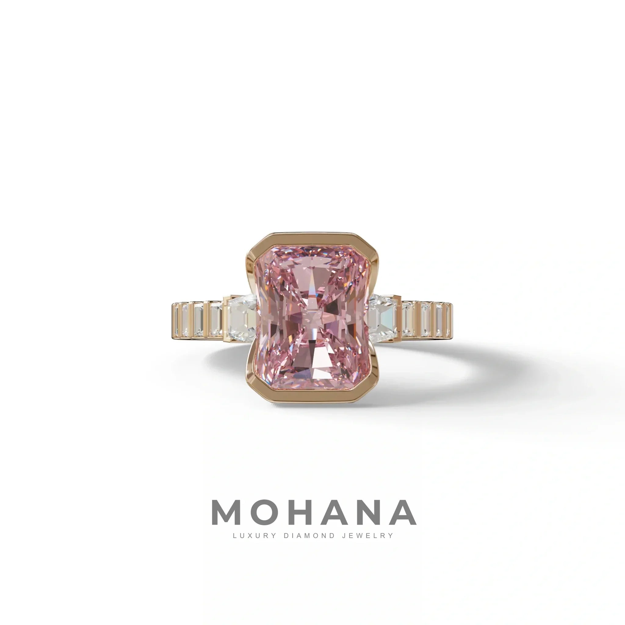 3 Carat Pink Radiant Cut Three Stone Lab Diamond Engagement Ring - Adiamor - 10K Solid Gold / Rose Gold
