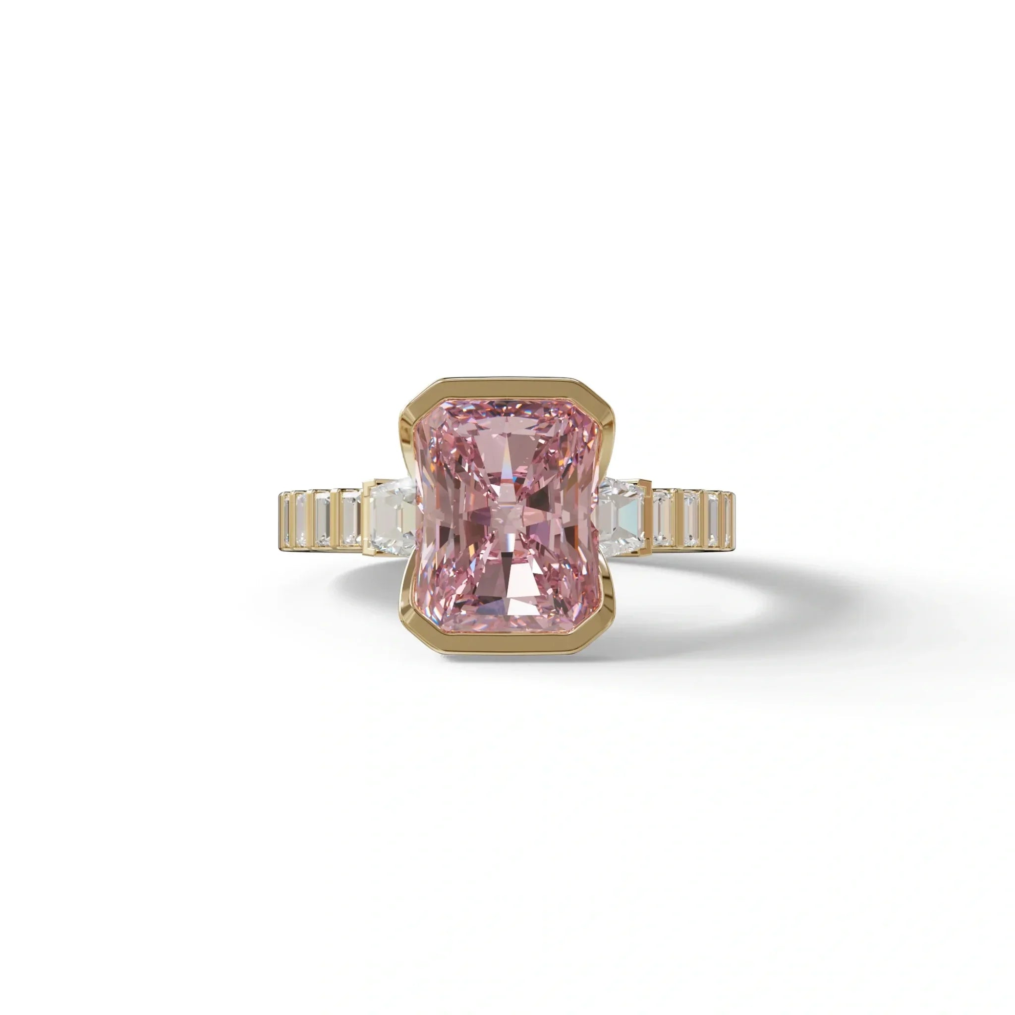 3 Carat Pink Radiant Cut Three Stone Lab Diamond Engagement Ring - Adiamor - 10K Solid Gold / Yellow Gold