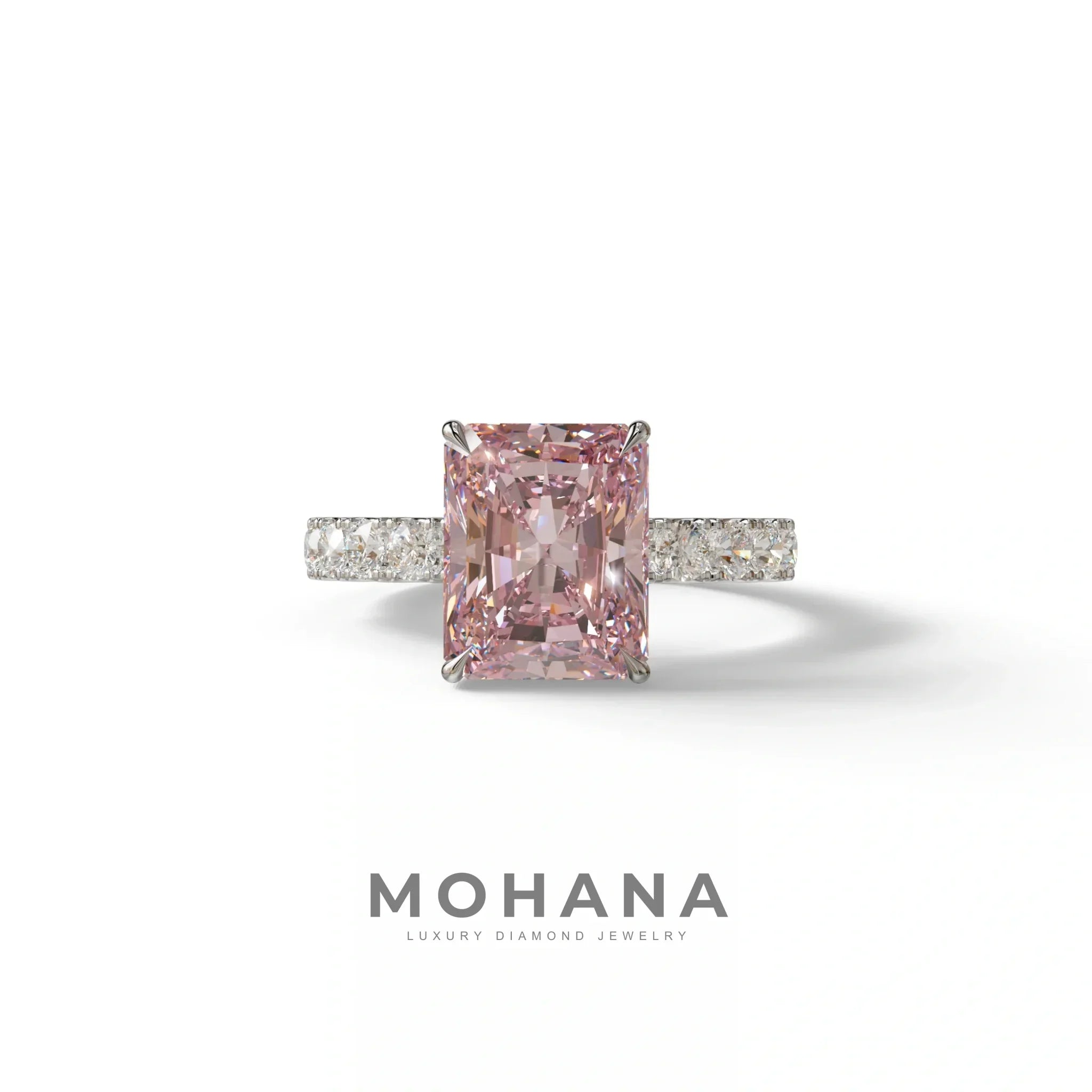 3 Carat Pink Radiant Shaped Hidden Halo Eternity Lab Diamond Ring - Lace Bridge - 10K Solid Gold / White Gold