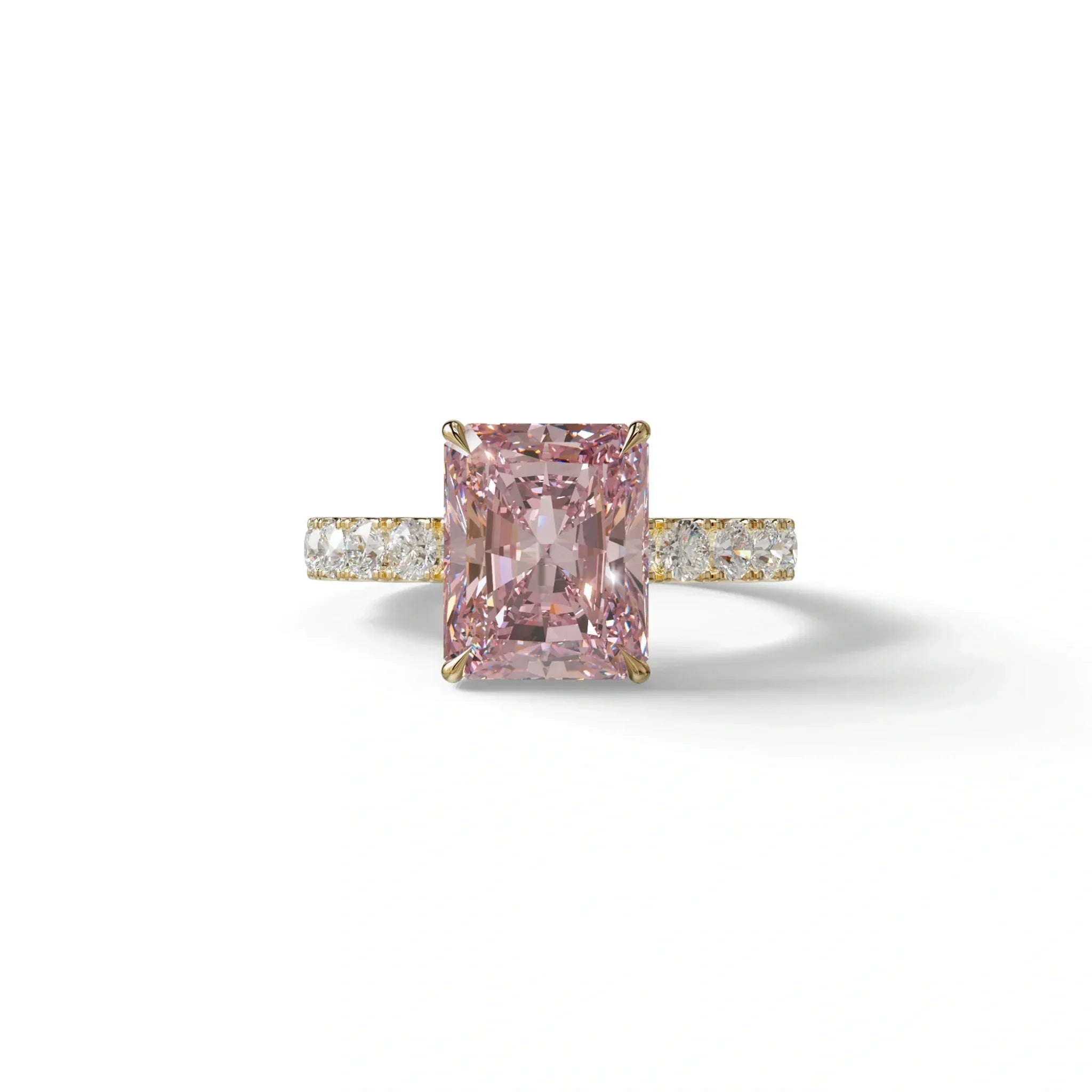 3 Carat Pink Radiant Shaped Hidden Halo Eternity Lab Diamond Ring - Lace Bridge - 10K Solid Gold / Yellow Gold